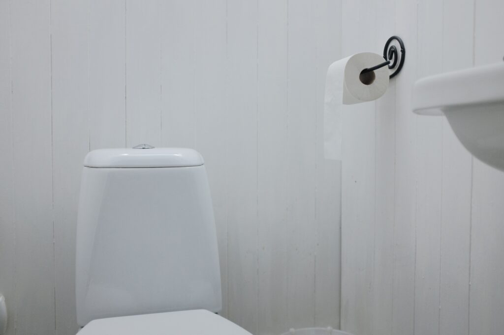 white restroom, toilet, toilet paper and sink composition